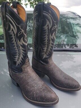 .en 7 1/2D Tony Lama Leather Two-Tone Black Shaft Western Cowboy Boots